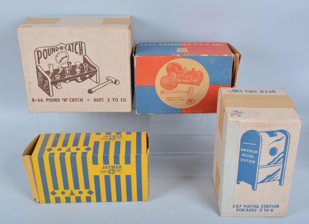Lot of VINTAGE WOOD TOYS w/ BOX: Includes Pound N Catch, Postal Station, ATF Pounding Cart, and Tiny Tot Three Sailors. All Boxed. Excellent