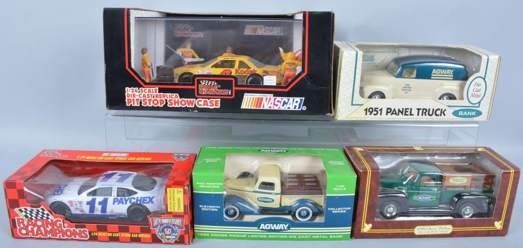 DIECAST NASCAR AND MORE LOT: Includes Ernie Ervin Pit Stop, #11 Car Autographed, Ahway Trucks, and More. All mint in box. Near Mint