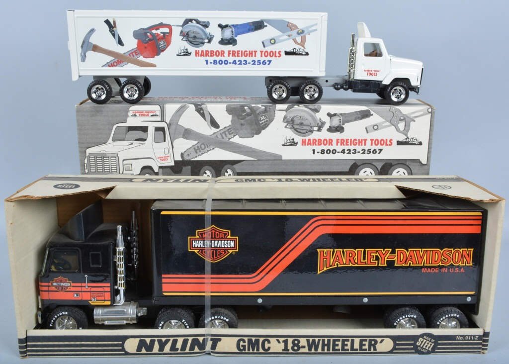 Lot of 2 SEMI TRUCKS HARLEY DAVIDSON w/ BOX: Includes Nylint Harley Davidson and Harbor Freight Truck. Mint in Box. Near Mint