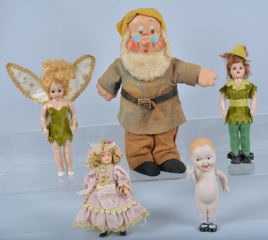Lot of 5 Dolls, Character & More: Lot includes 11" 1930's Walt Disney Dwarf "Doc", Peter Pan and Tinkerbelle 8" dolls, 6" bisque doll, and 6" contemporary bisque doll, Excellent