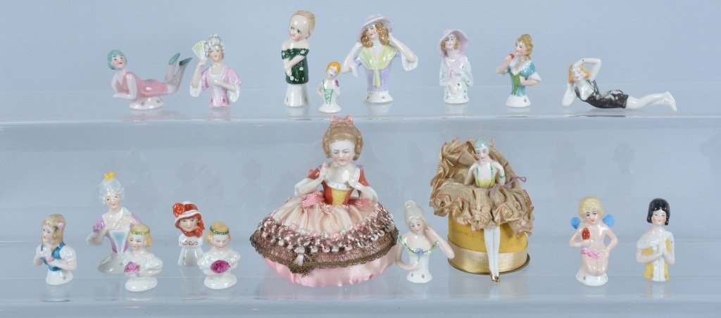 Lot of 18 Pin Cushion Ceramic Half Dolls, Vintage: Nice lot with 18 different miniature half dolls, 2 with the original bases. Excellent