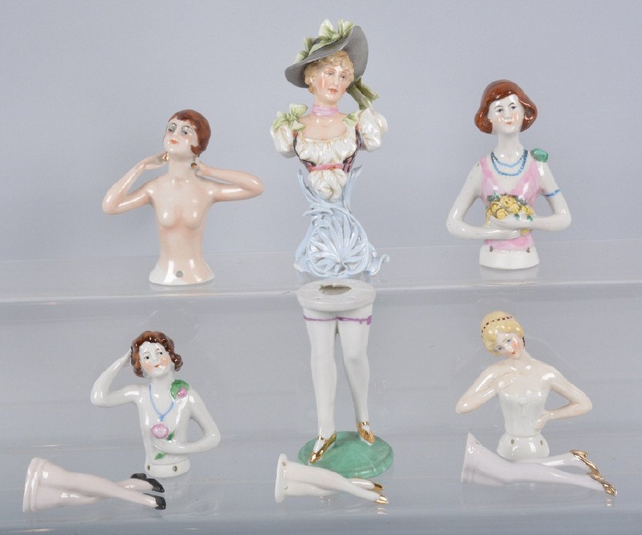 Lot of 5 Pin Cushion Ceramic Half Dolls, Vintage: Lot includes 5 bodies and 4 pairs of legs. Most marked Germany. Largest is 5 1/2". Excellent