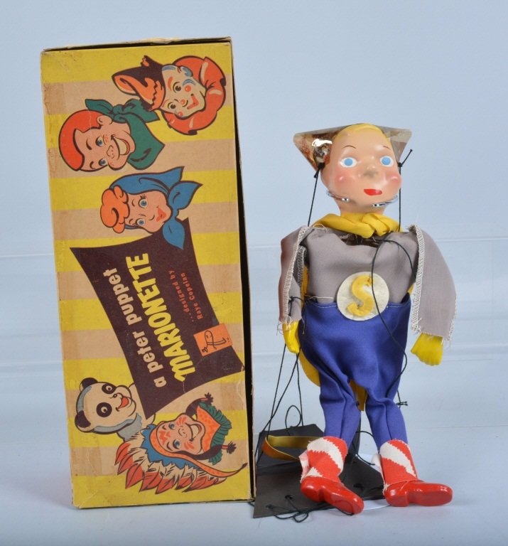 1950's Space Man Peter Puppet Marionette, MIB: Scarce puppet in the form of a 1950's Space Man. 12" tall, Box and Puppet are both Excellent