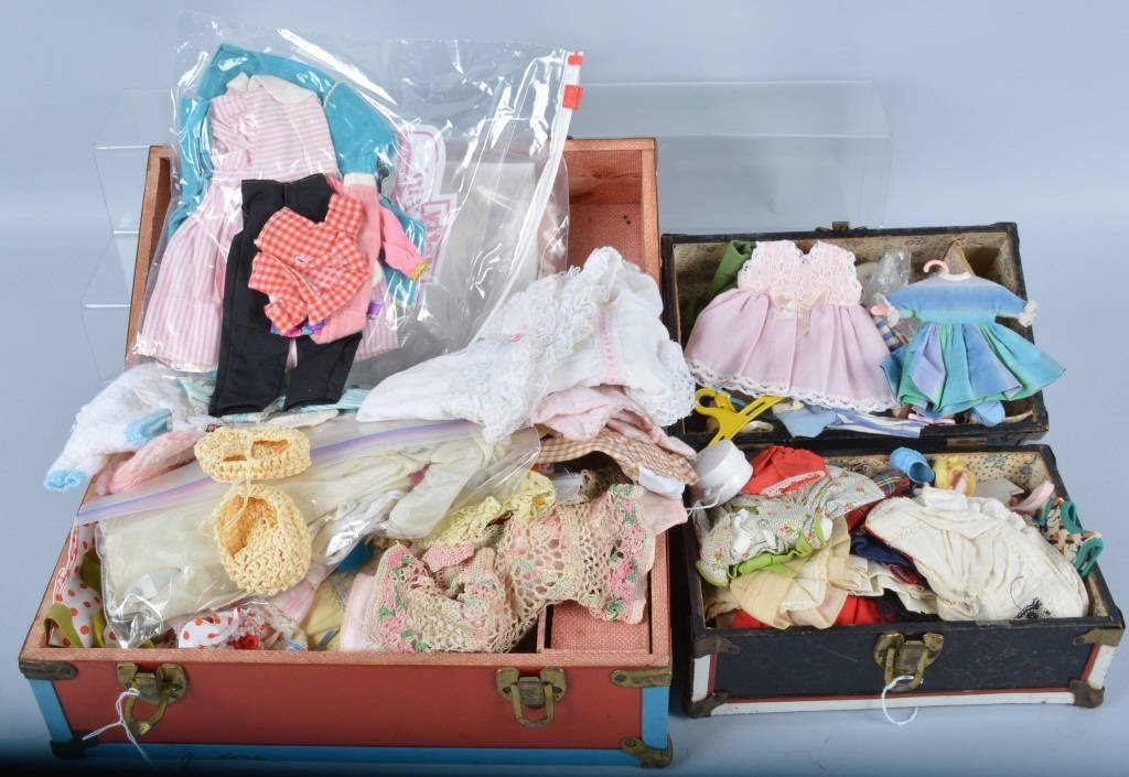 Large Lot of Vintage Doll Clothing: Huge lot of doll clothing in two miniature doll trunks. Largest trunk measures 14" by 8". Condition varies, Very Good-Excellent