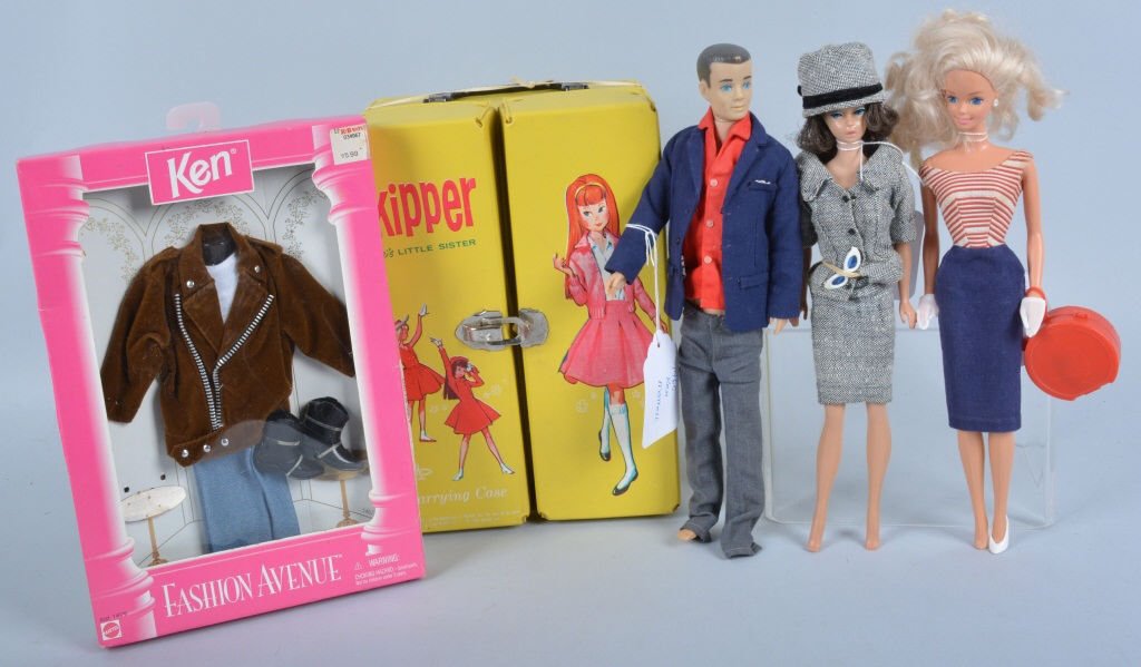 Mattel Doll Lot, Ken, Midge & More: Lot includes 1960 Ken doll, Early Midge Doll, and Barbie made in China. Also including is an outfit for Ken in the package and a 1964 Skipper Vinyl case. Excellent
