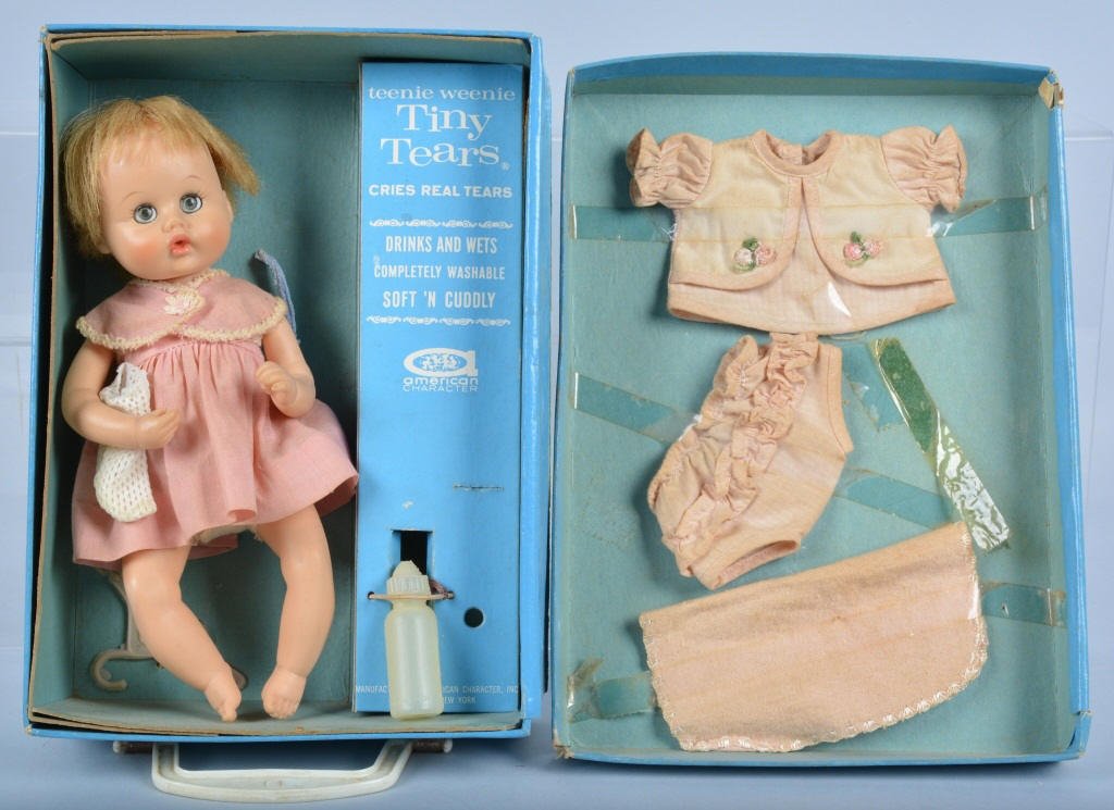 American Character Doll Tiny Tears Boxed: Doll is 8" tall, and is in the original box with accessories. Very Good