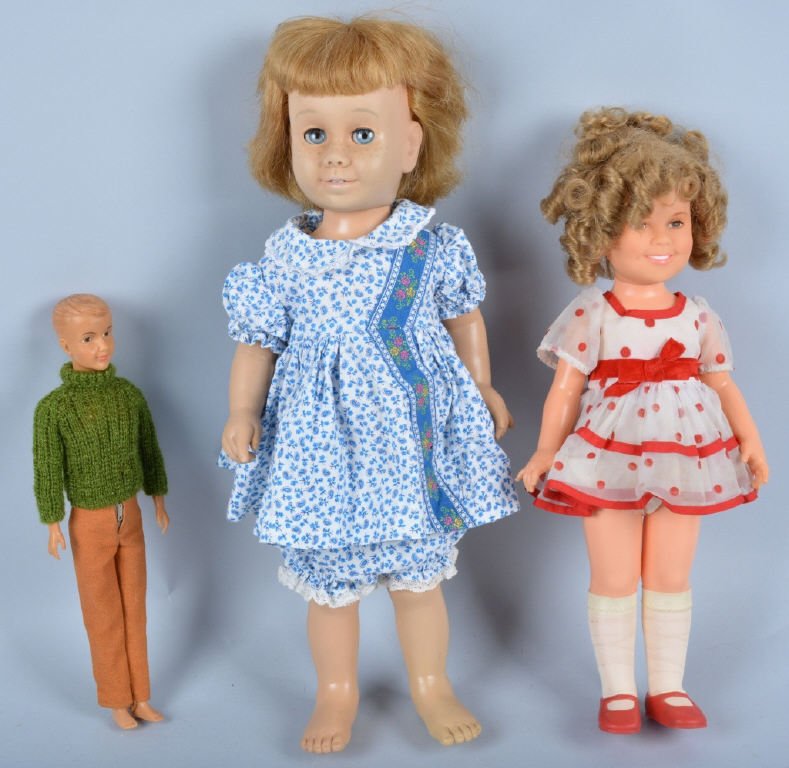 Lot of 3 Vintage Dolls, Chatty Cathy & More: Ideal Shirley Temple is 16", Ideal Boy doll is 12", and Chatty Cathy is 20". Cathy is missing her string, Very Good-Excellent