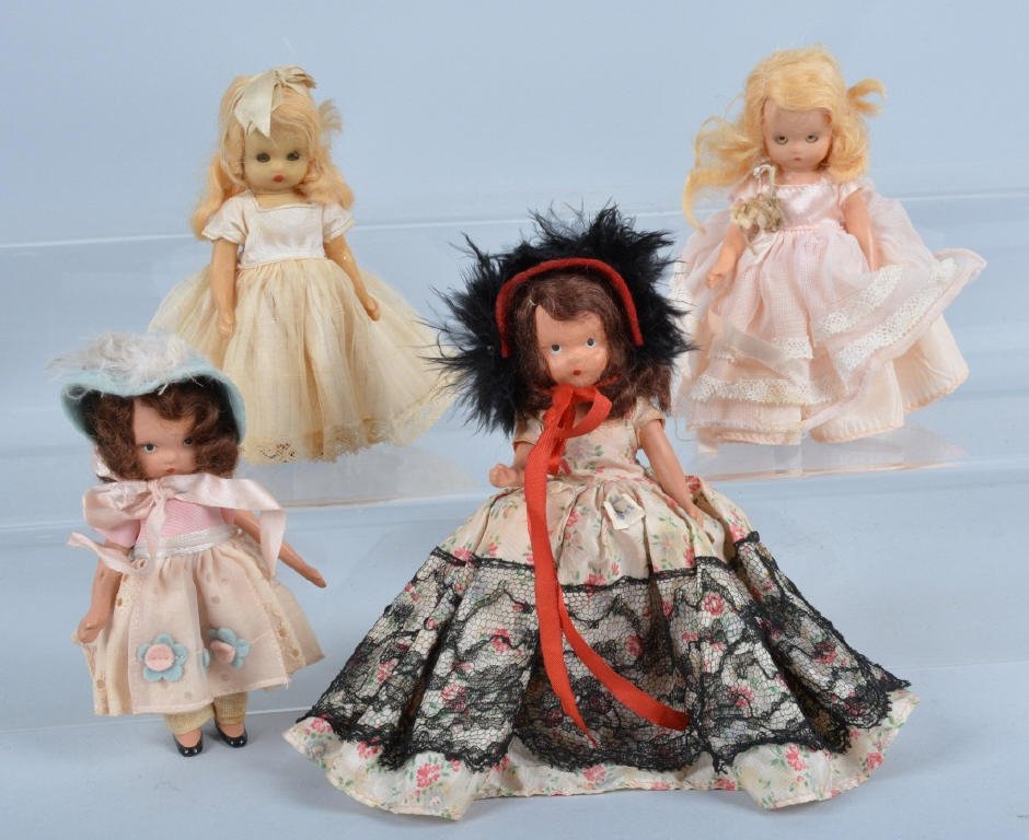 Lot of 4 Nancy Ann Story Book Dolls: Nice grouping of dolls with original clothing. Largest is 6", Excellent