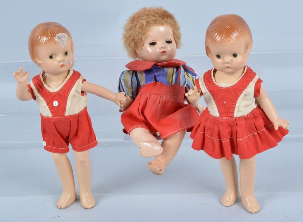 Lot of 3 Composition Dolls, Effanbee & More: Lot includes 9" Effanbee Patsyette Boy and Girl dolls, and a n 8 1/2" doll. The boy doll has wear to head, and the girl doll has damage to fingers. Very Good