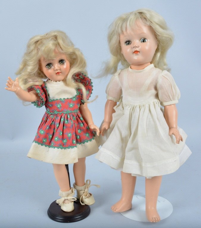 Lot of 2 Vintage Ideal Dolls: Nice pair of dolls measuring about 15" tall. One missing shoes, Excellent