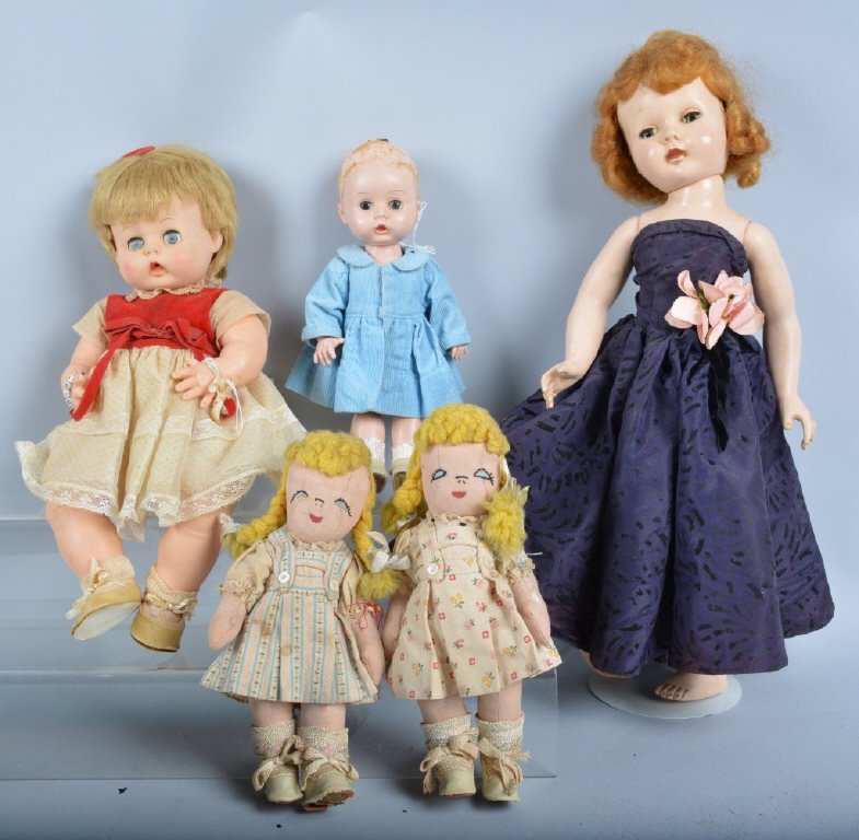Lot of 5 Vintage Dolls, Effanbee & More: Largest doll is an 18" Effanbee. Also included is a 15" Effanbee doll, and R&B Littlest Angel, and 2 cloth dolls. Angel is missing hair. Very Good