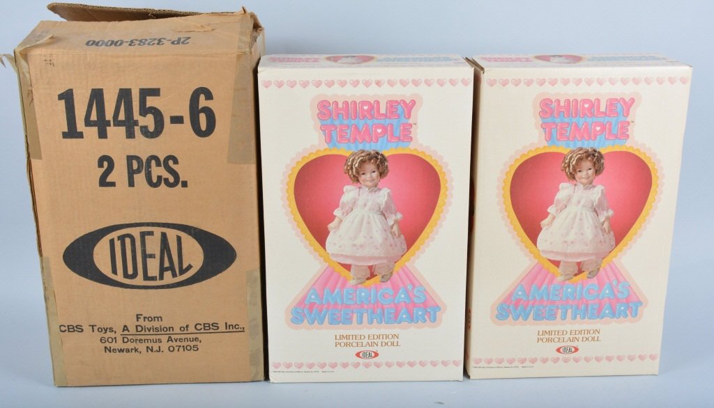 Lot of 2 Ideal Porcelain Shirley Temple Dolls: Both dolls are in the original boxes, along with the original shipping box. Dolls are 16" tall. MINT