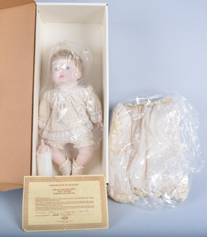 Ideal Tiny Tears Porcelain Doll MIB: Measures 14", and includes original box. MINT