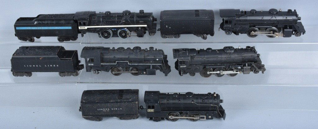 Lot of 5 LIONEL TRAIN ENGINES & TENDERS: Lionel #1668, 999, 1654, 8604, and 2037. All original with 4 Tenders. Very Good-Excellent