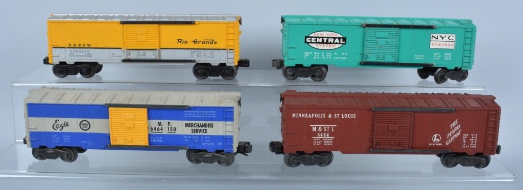 Lot of 4 LIONEL BOX CARS: Lot includes 4 post war Lionel Box cars. All original. Excellent