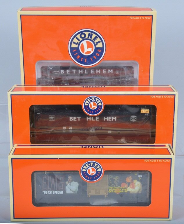 Lot of 3 LIONEL TRAIN CARS w/ BOX: Includes #6-26798 Bethlehem Steel Coal Dump car, #6-16454 Hopper Bethlehem Steel, and #6-39238 Elvis Box Car. All new old stock boxed. Near Mint