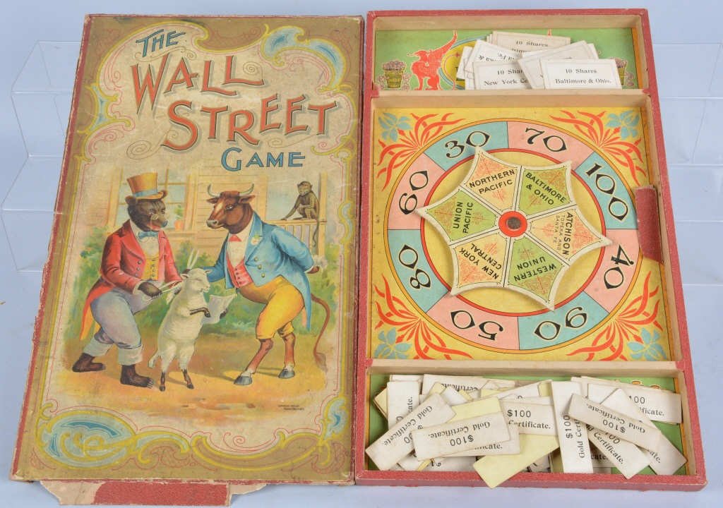 1901 Parker Bros. THE WALL STREET GAME w/ BOX: very scarce board game by Parker Brothers made in 1901. Great Bull and Bear graphics! Nice colors on box and play board. Looks to be mostly complete. A hard game to find. Very Good-Excellent