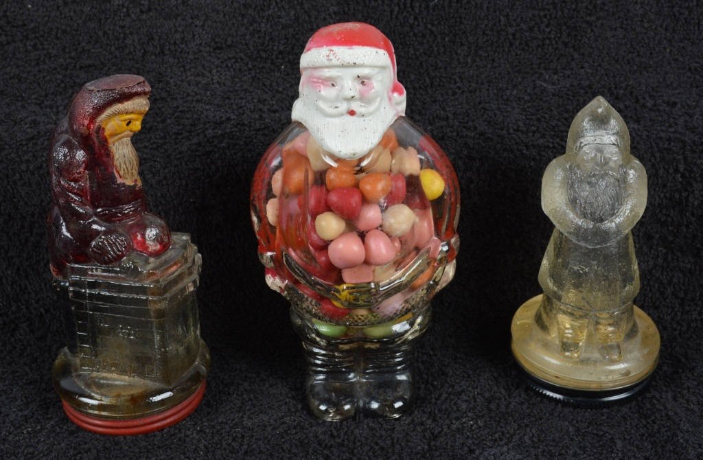 Lot of 3 SANTA CLAUS GLASS CANDY CONTAINERS: Nice lot of 3 scarce Santa Claus Glass Candy Containers. All original and in great shape. Hard to find containers. Excellent