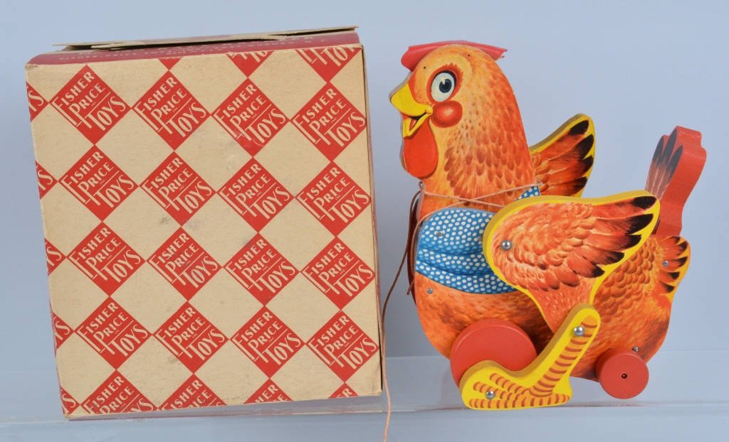 FISHER PRICE #140 KATY KACKER w/ BOX: Nice all original early Fisher Price Katy Kacker Chicken. Toy is in New Old Stock condition with original box. Paper is good and colors are bright. With early original box. Near Mint