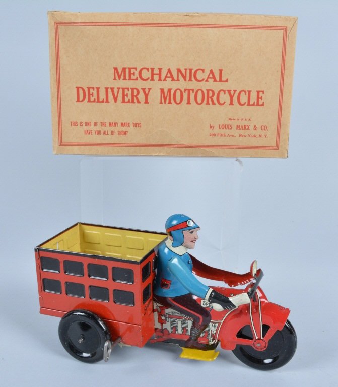 MARX Tin Windup SPEED BOY DELIVERY CYCLE w/ BOX: Beautiful all original Marx Speed Boy Delivery Motorcycle. Toy looks unplayed with condition. Colors are bright with great shine. Windup mech works good. Comes with crisp original box. Basically looks