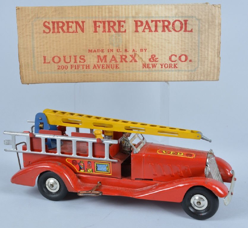 MARX Windup SIREN FIRE PATROL w/ BOX: Beautiful Marx Pressed Steel Windup Fire Truck. Truck is all original and complete with driver, ladders, and wooden extinguishers. Paint and decals looks great. Looks virtually unplayed with condition
