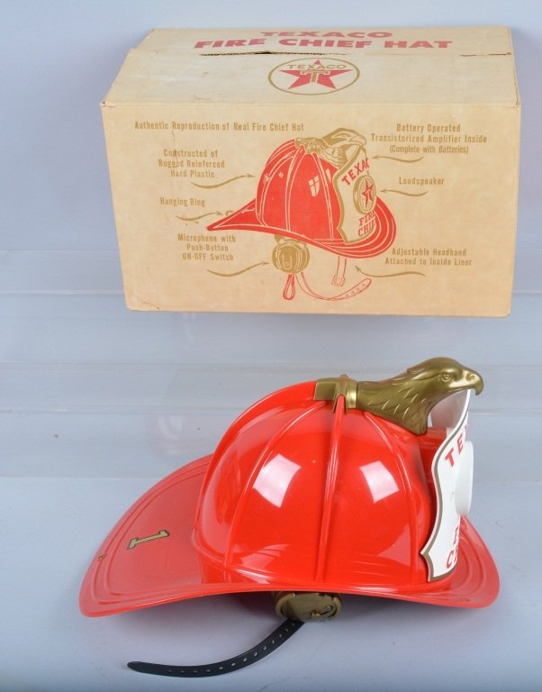 TEXACO FIRE CHIEF HAT w/ BOX: New Old Stock never played with Texaco Fire Chief Hat. Hat is still in original plastic bag. Box was opened to display the hat. Great colors and details. With colorful original box. Near Mint