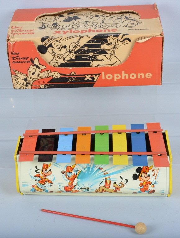 TUDOR Walt Disney XYLOPHONE w/ BOX: Very colorful tin Xylophone with great graphics of Disney Characters. Toy looks never played with condition. Come with original box. Near Mint