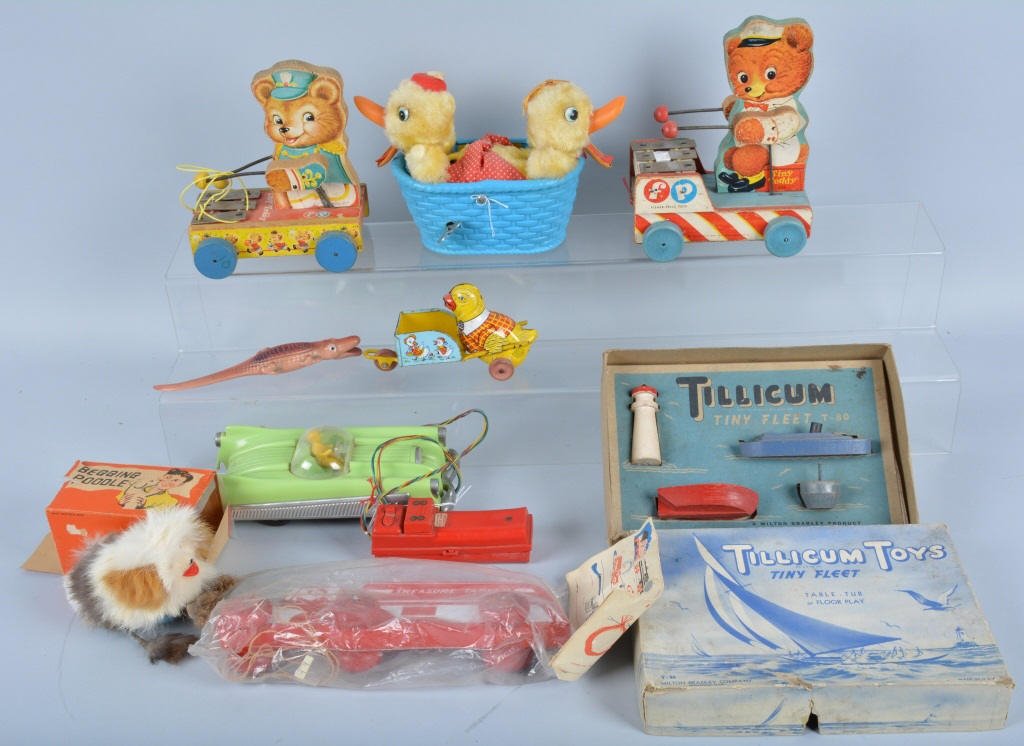 LOT OF VINTAGE TOYS: Includes 2 Fisher Price, Chein Chicken, Celluloid Alligator, Battery Op X91 Car, Begging Poodle, Tillicum Fleet, and more. Some with boxes. Very Good-Excellent