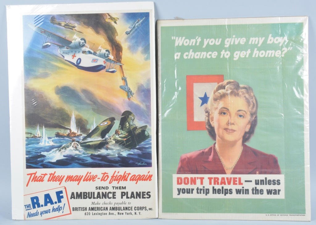 Lot of 2 WW2 Patriotic Posters: RAF poster is 18" by 28", and home front poster is 20" by 27". Both have folding and light wear. Very Good
