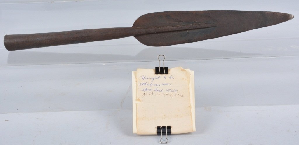 Ethiopian Spear Head, WW2 GI Souvenir: Measures 18 1/2" by 2 1/4". Has a note that it was obtained in Italy in 1944. Very Good