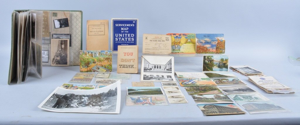 Large Lot of Military Papers, WW1, WW2 & More: Diverse lot with documents from WW1-WW2 and more. Lot includes a 1944 War Department health book, 1945 Shenandoah Commissioning booklet, several photographs, soldier letters, post cards and more. Very