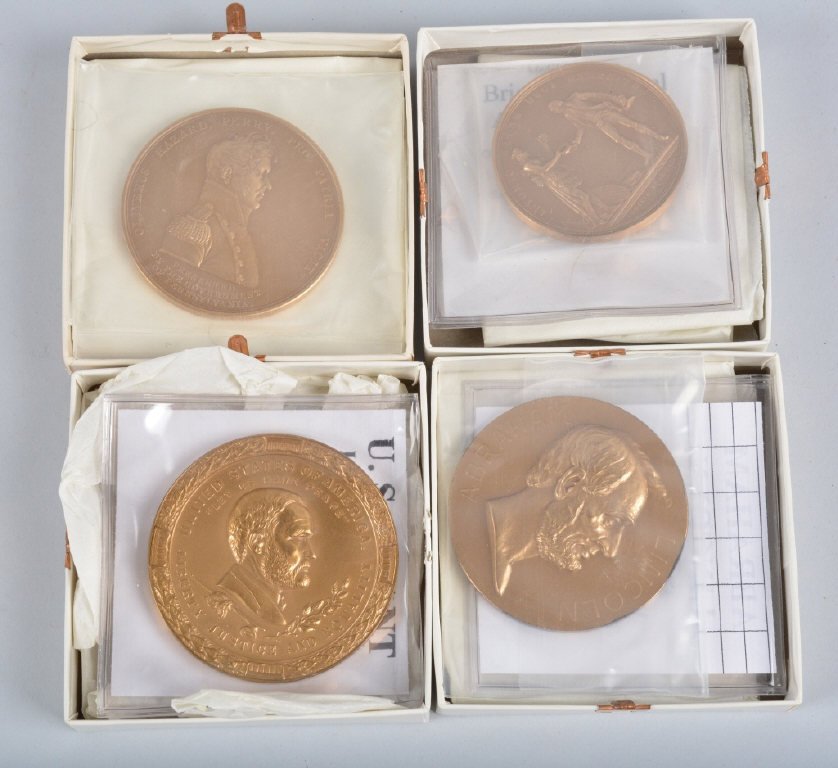 Lot of 4 US MInt Brass Medals, US Grant & More: Measure 2 1/2" each and have high relief details. Lot includes U.S. Grant, Abraham Lincoln, General Anthony Wayne, and Oliver Perry. Superb medals that are no longer being produced. Mint