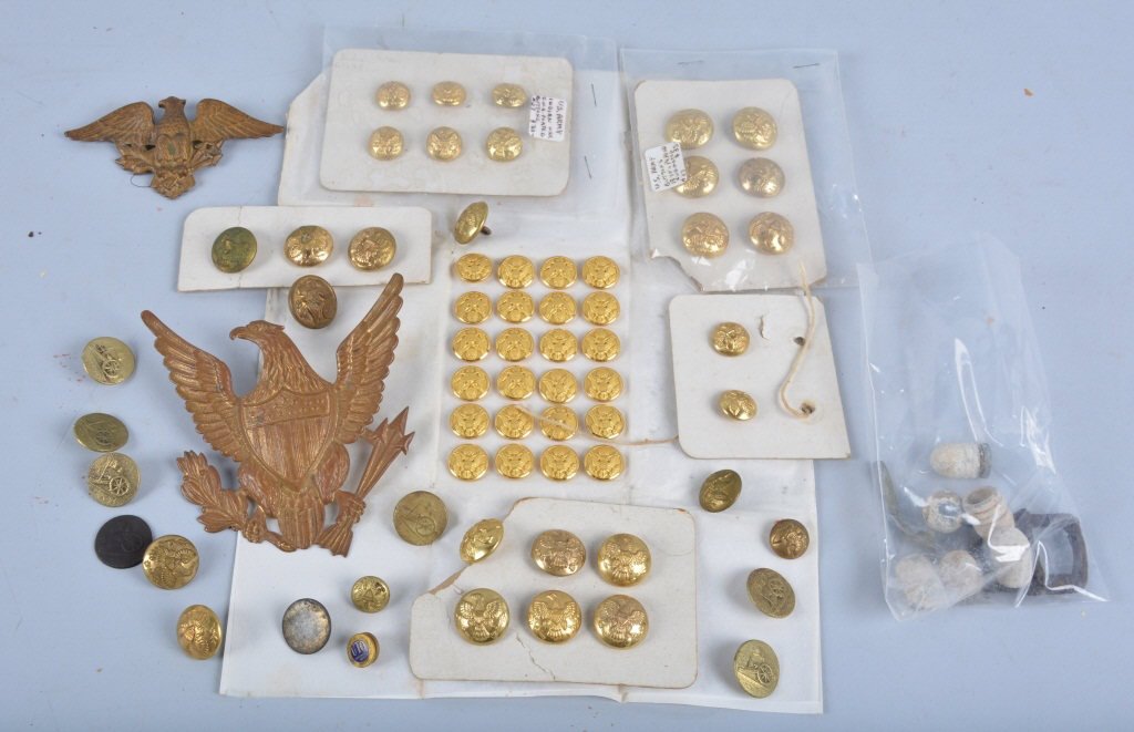 Large Lot Military Buttons, 1800 -1940's & More: Very nice lot including colonial button, an original early artillery button, several Indian wars buttons, a Eagle shako plate, dug Civil war relics from Pennsylvania, and some unused gold plated WW2 c