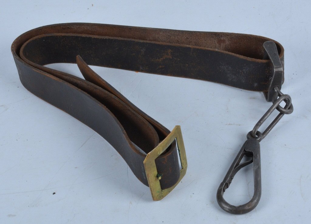 Civil War Carbine Hanger Strap: Clip is marked North & Co. New Haven Ct. Belt has inspectors marks in 2 places, Crossman & Co. Newark, and J. C. Miller US Ord. Dept, Sub Inspector. Leather pliable. excellent