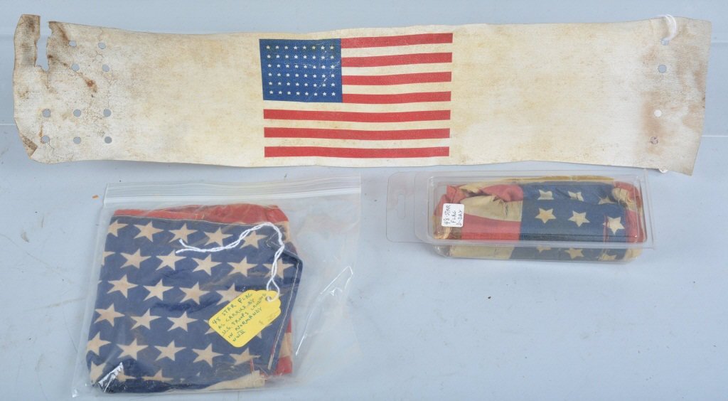 WW2 D-Day American Flags & Arm Band: All three flags show wear. Arm band measures 17" by 3 1/2". Very Good