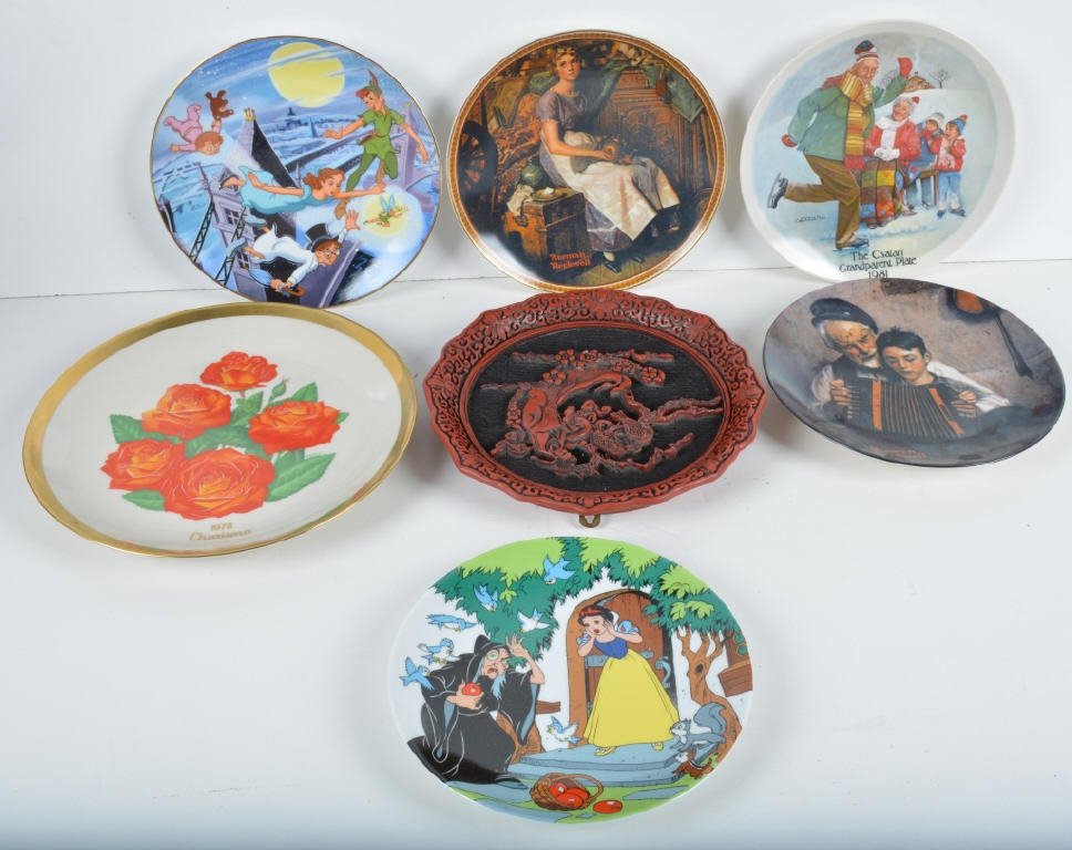 Lot of 9 COLLECTOR PLATES w/ BOXES: Includes Disney Peter Pan Plate, Anna Perenna The Firebird, Bradford Exchange Dreaming in the Attic, Norman Rockwell The Butter Girl, Disney the Witch and the Apple, Oriental Museum Plate, Gallery Edi