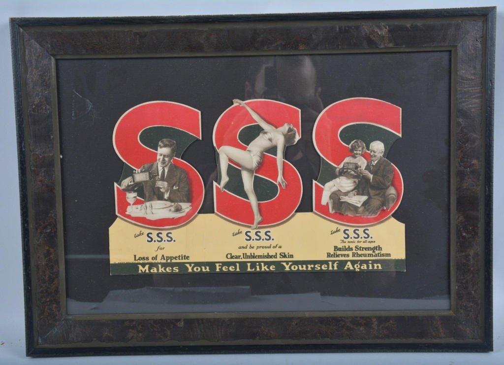 Early SSS TONIC Cardboard ADVERTISEMENT: Nice early advertisement for SSS Tonic. Great images and colors. Nicely framed. 19"x13". Excellent