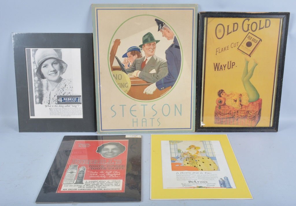 VINTAGE ADVERTISING LOT: Includes early Stetson Hat cardboard Sign, Burrill's Tooth Paste Ad, Dr Lyons Dental Cream Ad, Pebco Tooth Paste Ad, and Old Gold Tobacco in frame poster. Nice colors and graphics. Largest measures 23