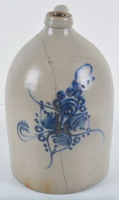 RIEDINGER & CAIRE Poughkeepsie NY #3 CROCK JUG: Very beautiful #3 Crock Jug. Has beautiful blue design on front. Stamped Riedinger & Caire Poughkeepsie NY. Crock does has a crack. But is stable and displays very well. 15" tall. Very Good