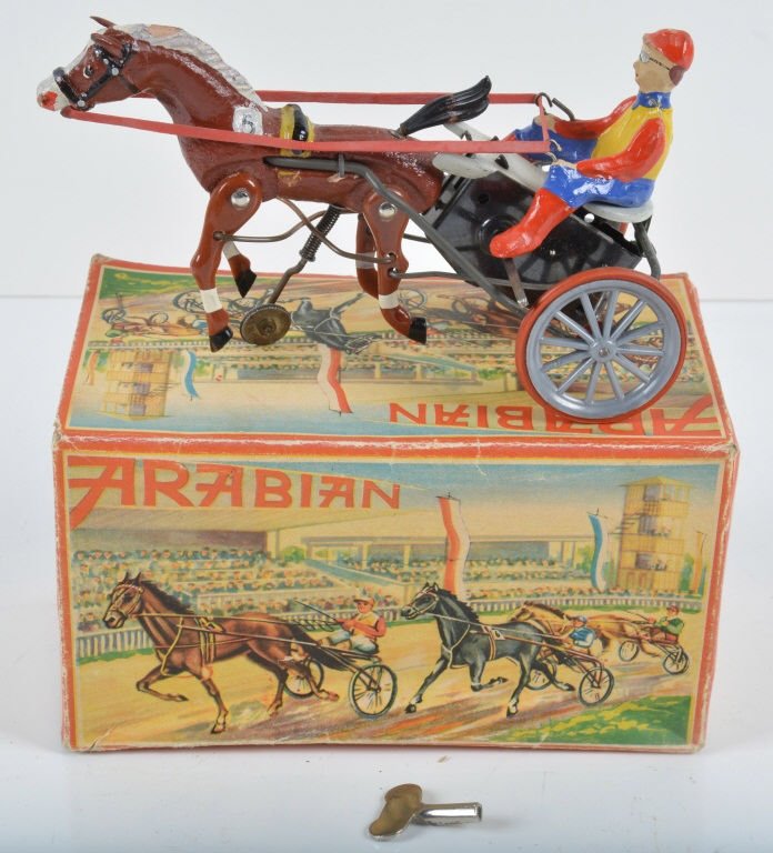 ARABIAN Windup JOCKEY & SULKY w/Box: Nice toy made in Germany. All original. Windup works. With box. Excellent