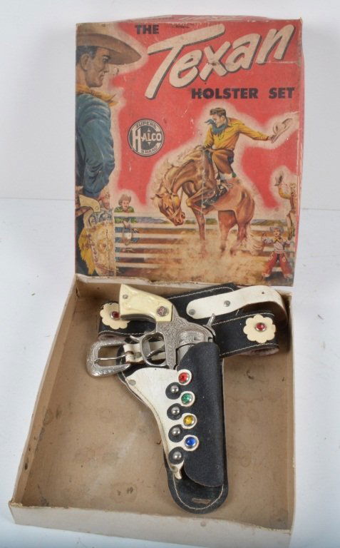 HALCO TEXAN HOLSTER SET w/ BOX: Nice Halco Texan cap Gun with Leather Holster. Shows very little wear. Comes with original box. Excellent
