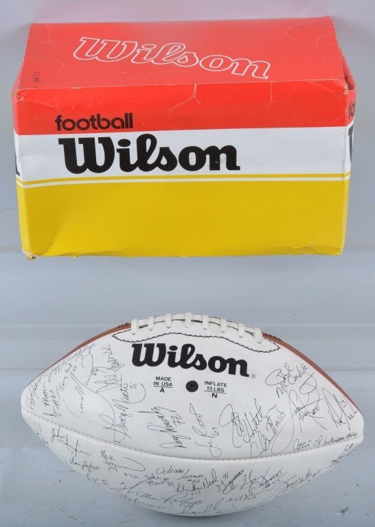 1980s NEW YORK GIANTS AUTOGRAPHED FOOTBALL: Excellent Football with copy autographs of the New York including Phil Simms. With Box. Near Mint