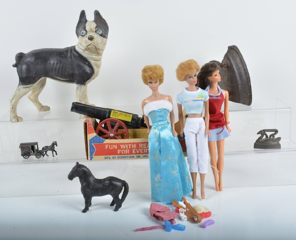 VINTAGE TOYS, BARBIES, DOOR STOP, BANK, & MORE (1 of 8)