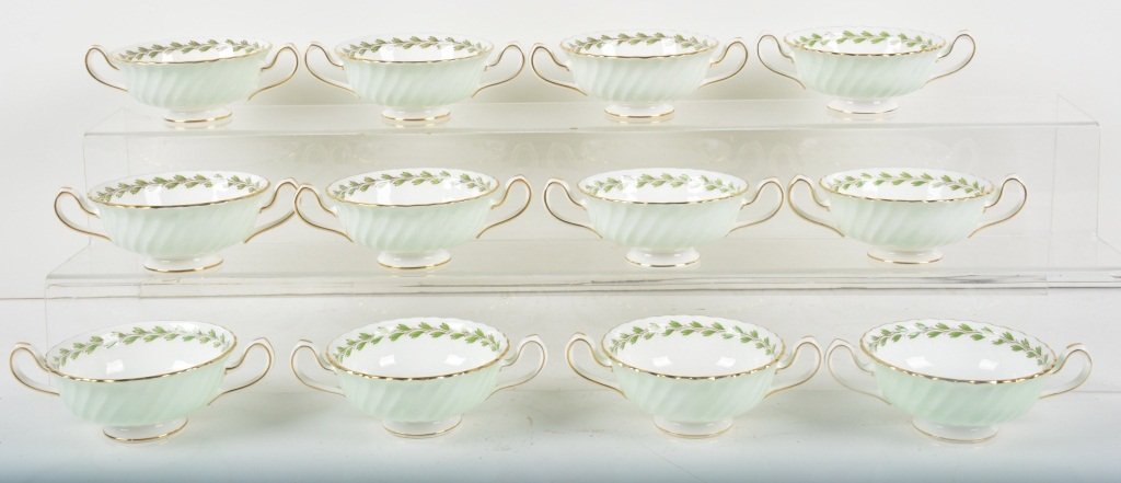 MINTON "CHEVOIT" CHINA SET: Beautiful complete China Set for 12. Bone China made in England. Includes 3 different size plates, cup and saucers, and bowls. Very high quality. Near Mint