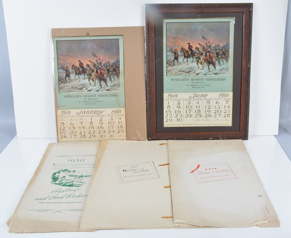 Lot of 5 CALENDARS 1913 -1951: Nice lot includes 2 1913 Calendar. One framed. 1947, 1950, and 1951. All with great colors and images. Excellent