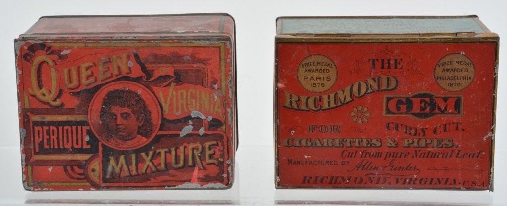 QUEEN of VIRGINIA & RICHMOND GEM Tobacco Tins: Nice lot of smaller early tins includes. Queen of Virginia with nice color and great image and Richmon Gem tin with nice colors. 4 1/2" Excellent