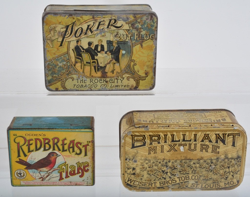 3 Tobacco Tins POKER, RED BREAST, & BRILLIANT: Nice lot of 3 small tins includes Poker with great graphics, Red Breast with great colors and graphics,and Brilliant Mixture. 5" Excellent
