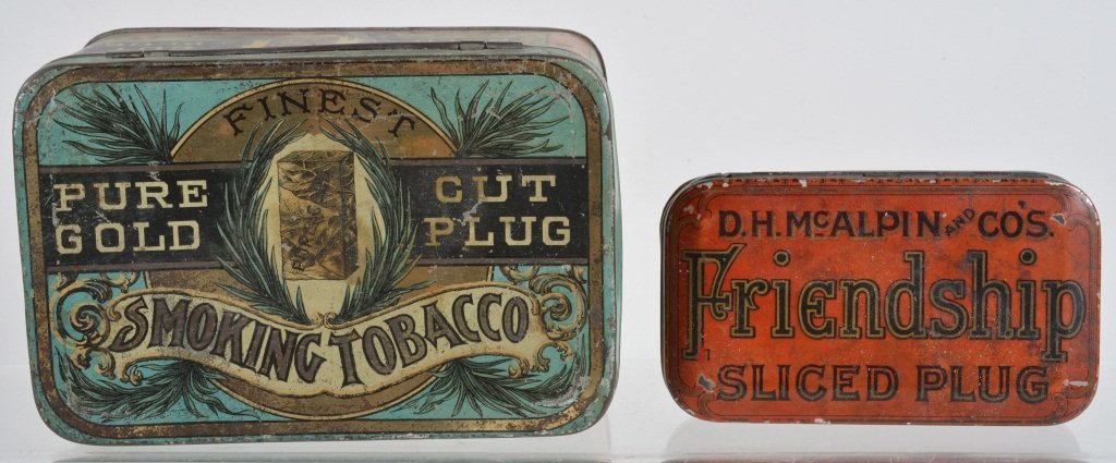 FINEST PURE GOLD & FRIENDSHIP TOBACCO TINS: Lot includes Finest Pure Gold Tobacco and Friendship Tobacco Tins. Nice colors. 6" Very Good-Excellent