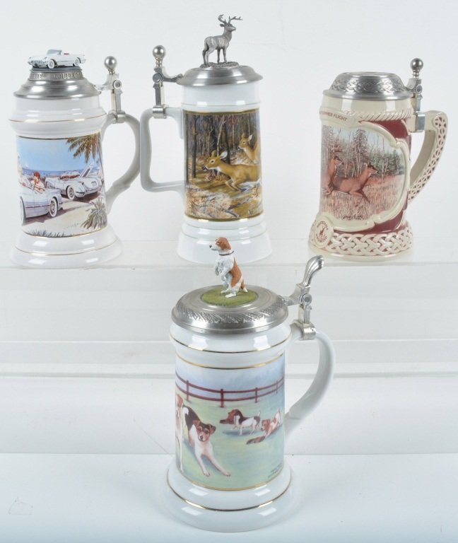 Lot of 4 LIMITED EDITION BEER STEINS: Includes Jack Russells, North American Hunting Club, 1953 Corvette, and Indian Summer Flight. All Limited Editions. Great colors and details. Excellent