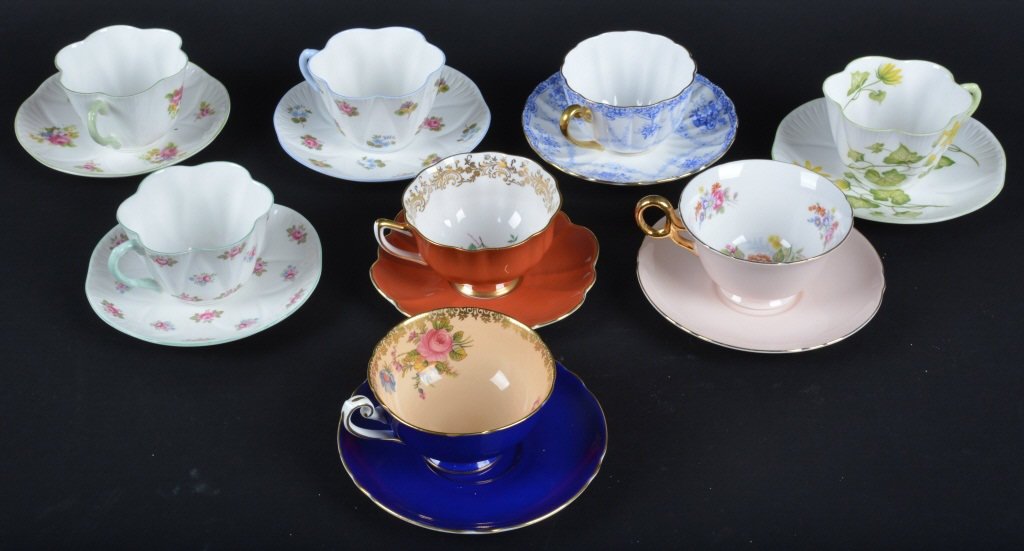 Lot of 8 SHELLY TEA CUPS: Excellent lot of 8 Shelly Fine China of England Tea Cups. All different patterns. Beautiful colors and designs. Some hard to find patterns. No chips. Excellent